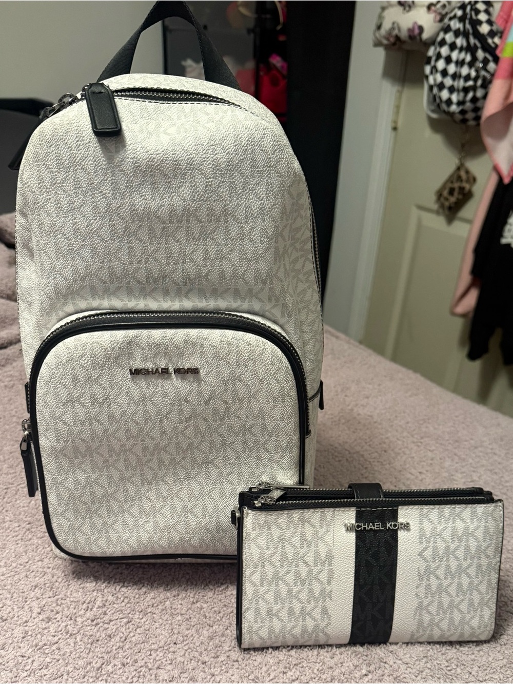 Michael Kors White and Black Logo Backpack with Matching Wallet